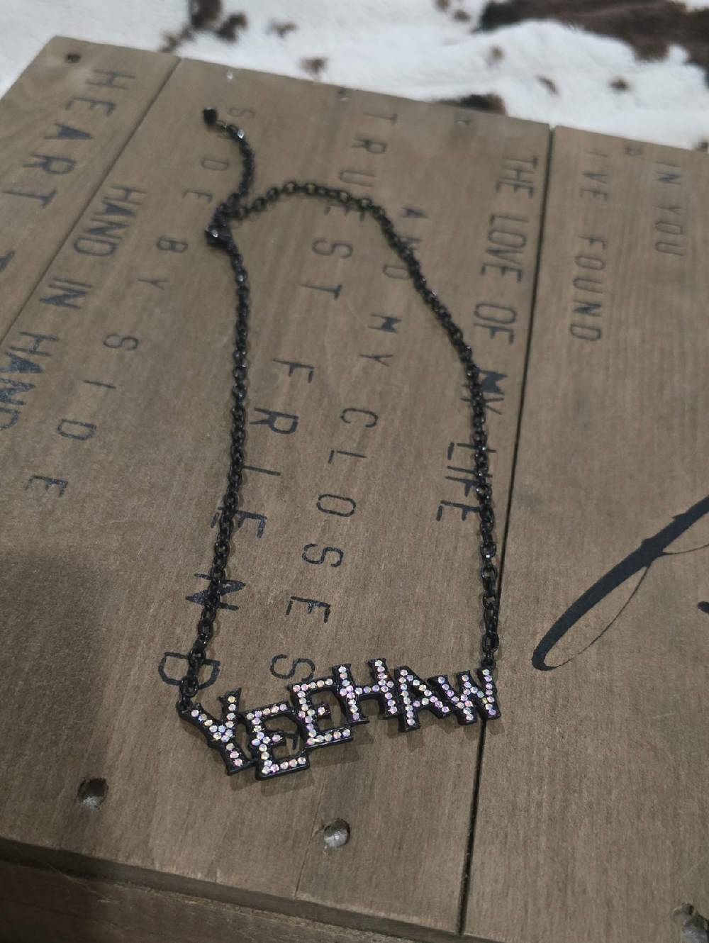 'YEEHAW' Crystal Pendant Necklace - Black Chain with Pink Crystals